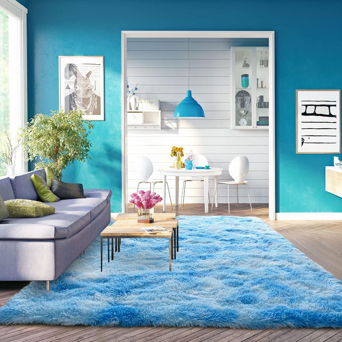 Shaggy Rugs Abstract Carpets Modern Fuzzy Rugs, 4 X 6 Feet Area Rug for Bedroom Livingroom, Nursery Rugs for Boys Girls Room,Blue Carpet Non-Slip Rectangle Rugs Bedside Rug Home Decor