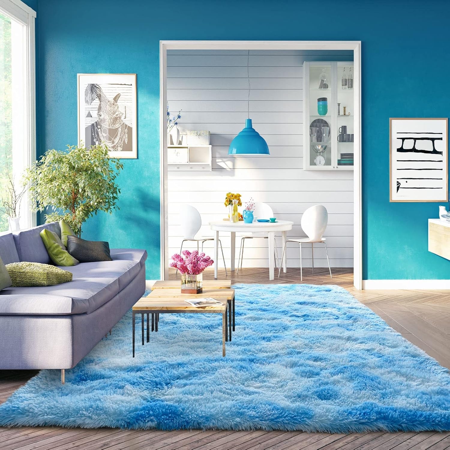 Shaggy Rugs Abstract Carpets Modern Fuzzy Rugs, 4 X 6 Feet Area Rug for Bedroom Livingroom, Nursery Rugs for Boys Girls Room,Blue Carpet Non-Slip Rectangle Rugs Bedside Rug Home Decor