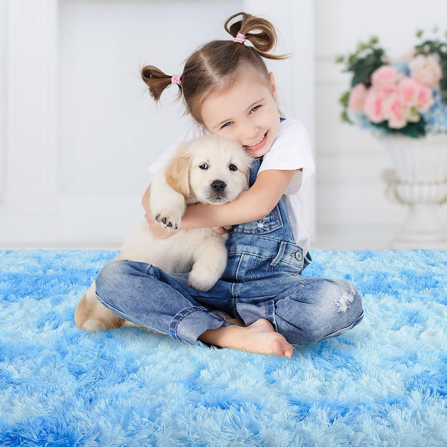 Shaggy Rugs Abstract Carpets Modern Fuzzy Rugs, 4 X 6 Feet Area Rug for Bedroom Livingroom, Nursery Rugs for Boys Girls Room,Blue Carpet Non-Slip Rectangle Rugs Bedside Rug Home Decor